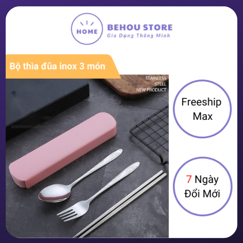 Bộ 3 món thìa, đũa, dĩa Inox 304 không gỉ kèm hộp đựng, bộ muỗng, đũa, nĩa cá nhân