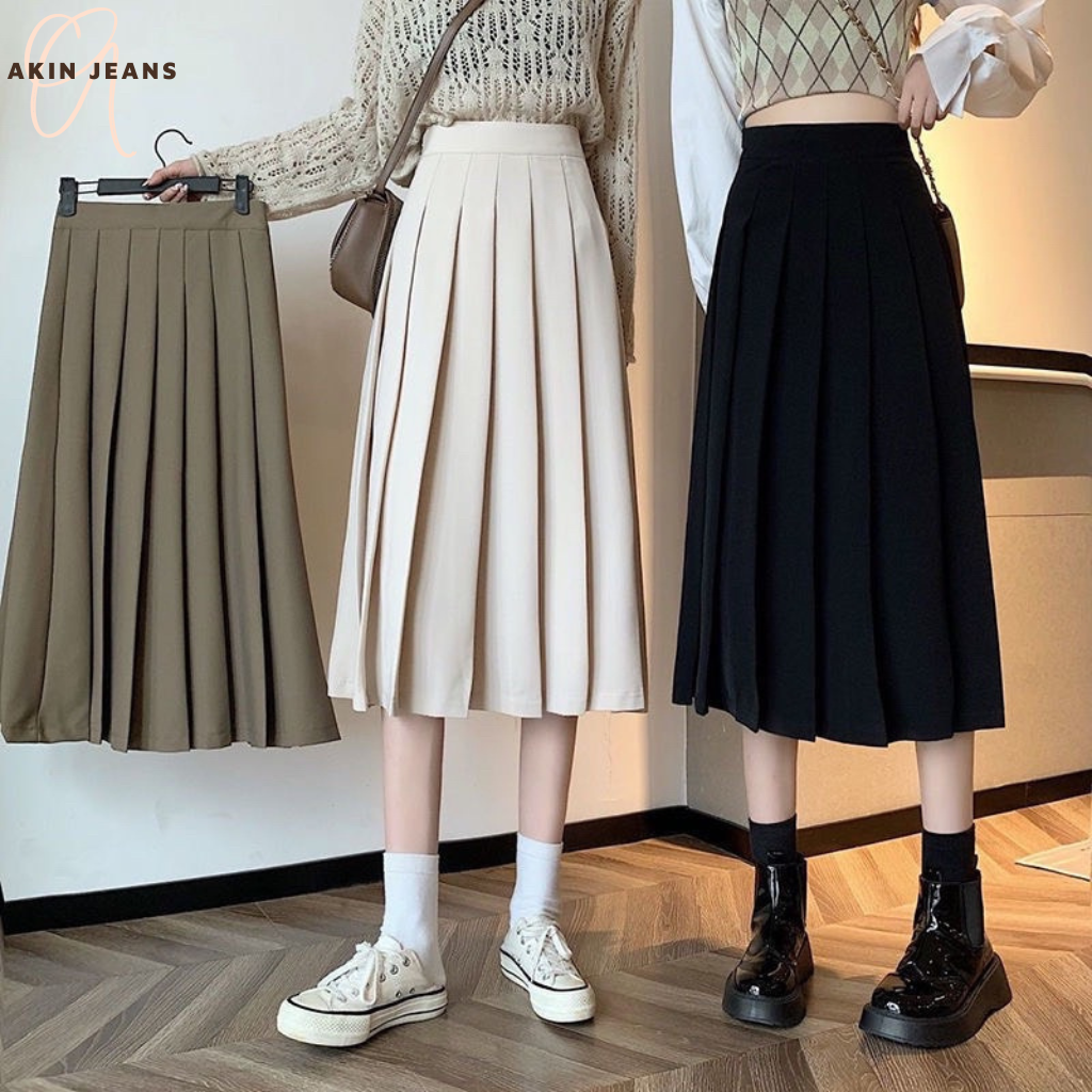 Chân váy xếp ly dáng dài, váy xếp li xòe dài kiểu váy cạp cao lên form xinh, akin jeans, vxld
