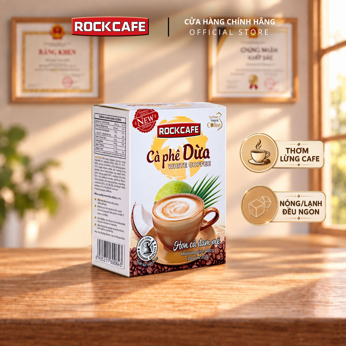 Rockcafe - cà phê hòa tan 3 trong 1 - vị dừa độc đáo - thơm ngon - tinh khiết - cafe việt nam chuẩn vị - hộp 20 gói x 20gr