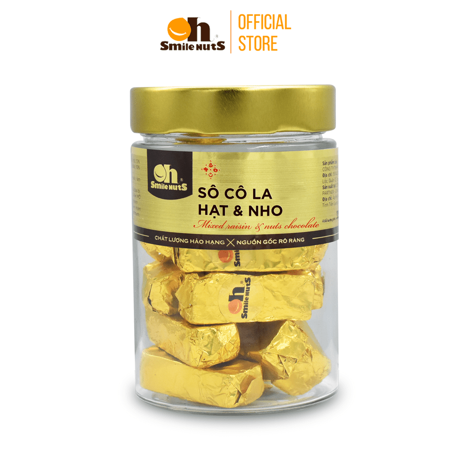 Socola hạt và nho khô smilenuts hộp 250g - sô cô la hạt, socola tự nhiên, socola hạt óc chó, socola hạt hạnh nhân, socola nho khô