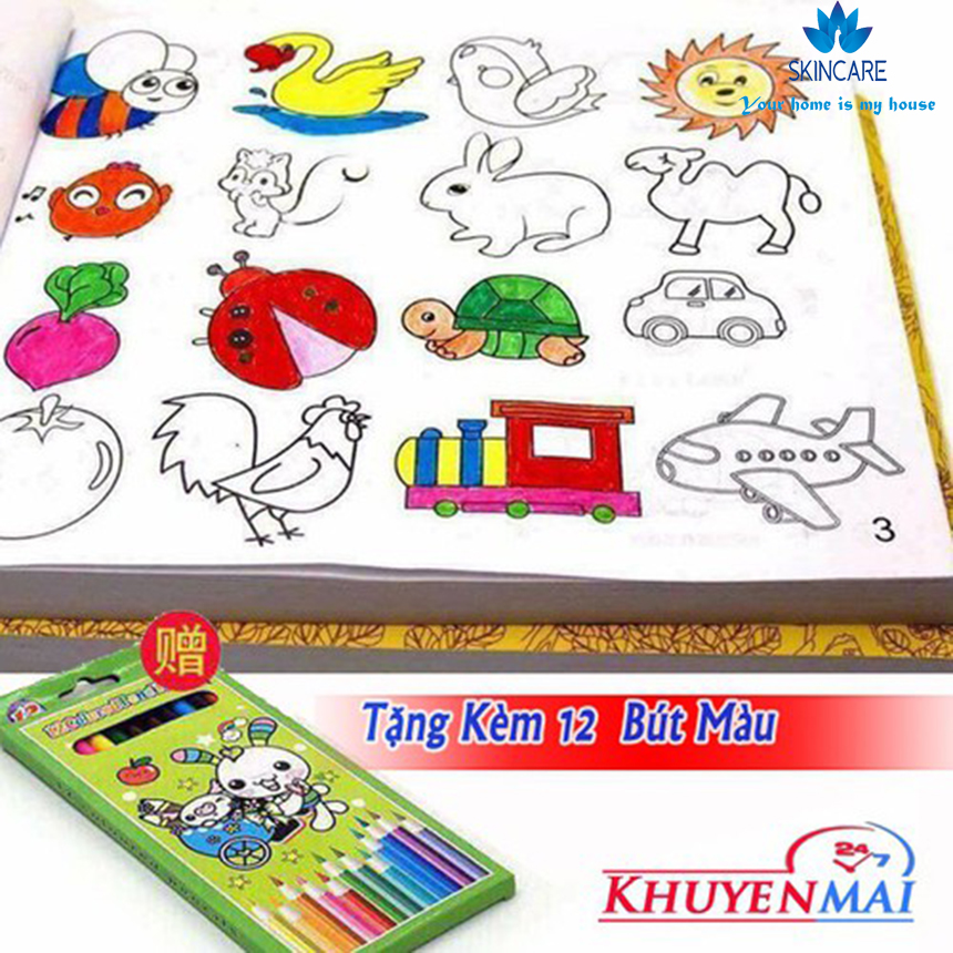 Sách tâp tô , Sách tập tô cho bé, Sách tập tô màu cho bé - Sách tập tô màu theo hình vẽ tặng kèm 12 bút chì màu cho bé 1 - 3 tuổi (5000 hình vẽ)