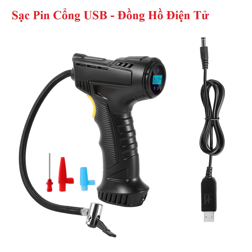 Máy Bơm Lốp Ô Tô Cầm Tay Sạc Pin, Tẩu 12V Tích Hợp Đèn Led Cao Cấp