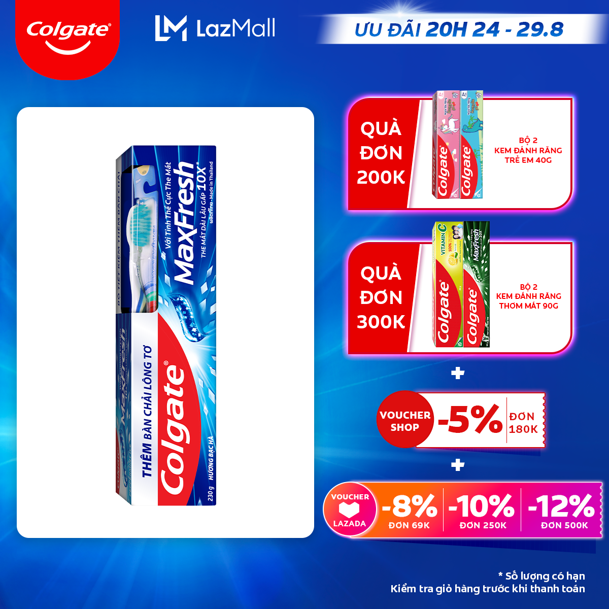 [Ưu đãi 20H 24.8 - 29.8_Áp voucher Colgate 5% + voucher LZD 8%][Tặng bàn chải đánh răng lông mềm]Kem đánh răng Colgate MaxFresh the mát 225g /tuýp tặng bàn chải đánh răng lông mềm
