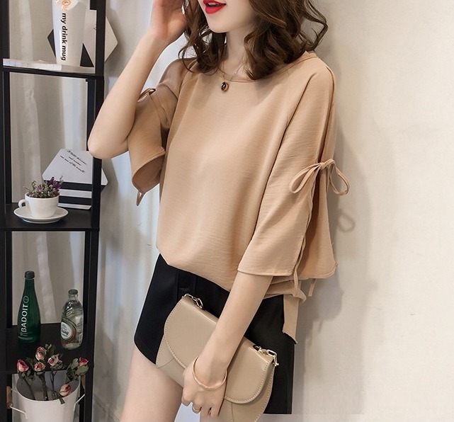 Áo sơ mi nữ chiffon cổ tròn hở vai điệu đà, thời trang trẻ, phong cách Hàn Quốc