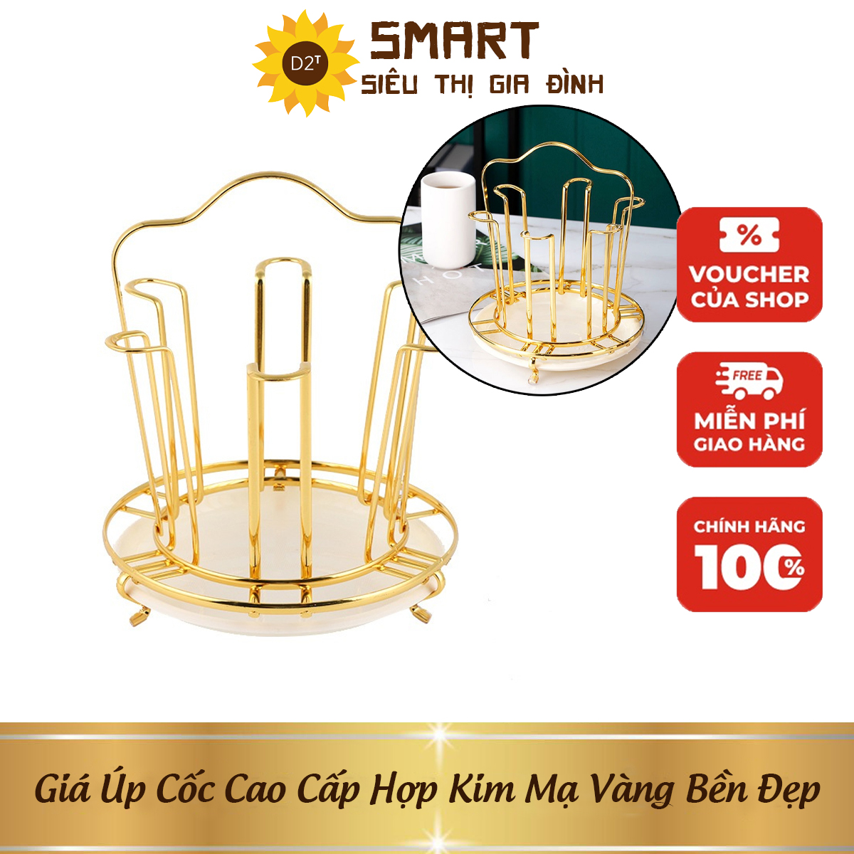 Khay úp cốc tròn, giá úp cốc cao cấp hợp kim mạ vàng bền đẹp