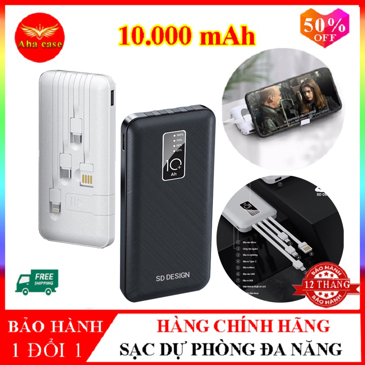 Cục sạc dự phòng hàng chính hãng sd design g01 sạc nhanh 2.1a tích hợp 4 cáp sạc micro, lingtning, typec, usb cho điện thoại dung lượng pin 10.000mah, bảo hành 12 tháng