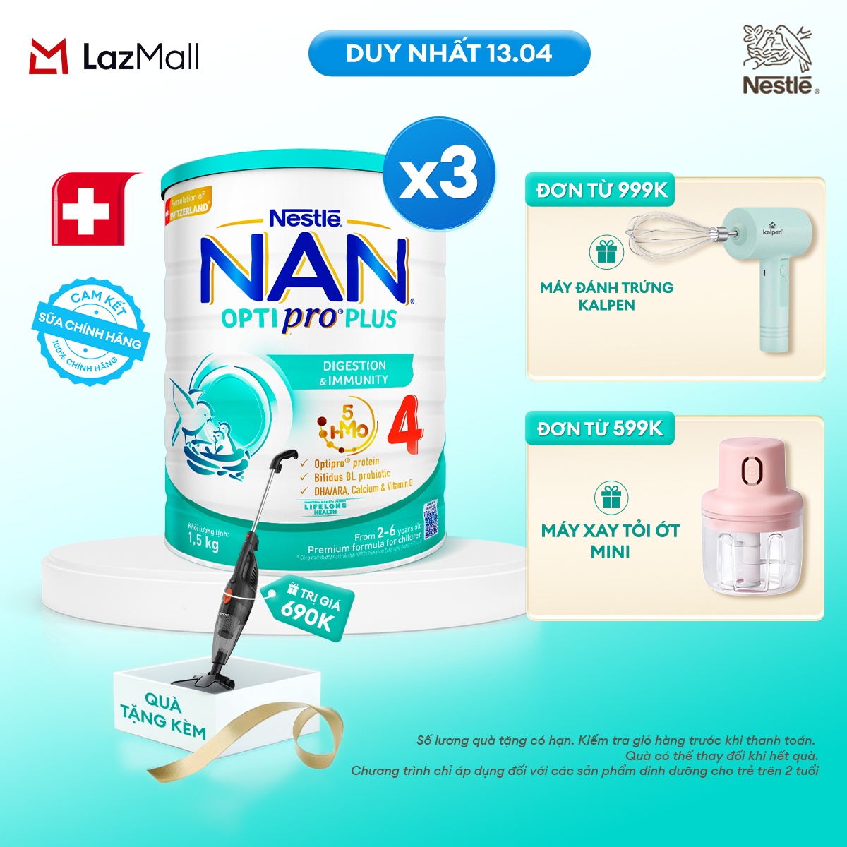 [CHỈ 13.04 QT Đơn 599K/999K] [Tặng Máy hút bụi cầm tay Gaabor] Bộ 3 lon Sữa Bột Nestlé NAN OPTIPRO PLUS 4 1500g Cho Bé 2 - 6 Tuổi: Công Thức Độc Quyền Nhập Khẩu Từ Thụy Sỹ, Chứa Phức Hợp 5-HMO
