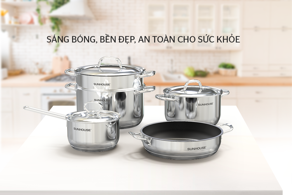 Bộ nồi chảo inox 5 đáy Sunhouse SHG995 - Bộ nồi chảo kèm xửng hấp, quánh bột