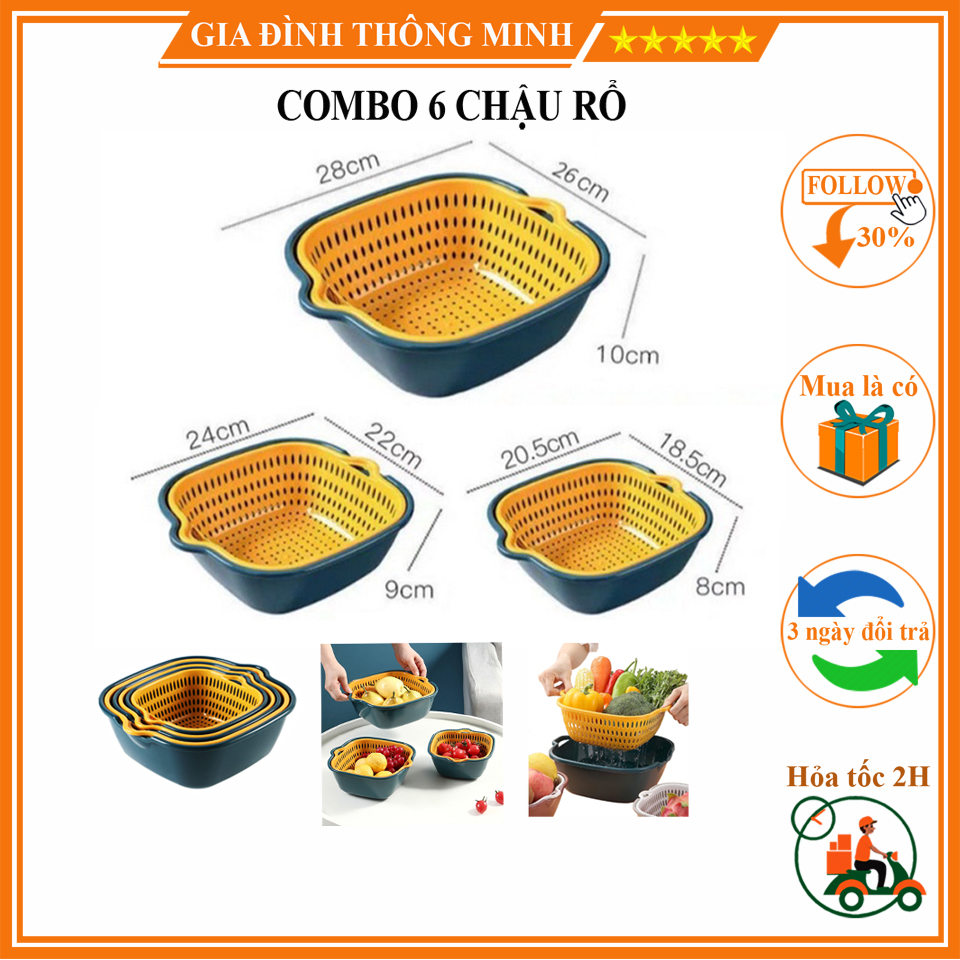 Combo 6 Thau Rổ Tiện Lợi Gọn Gàng Đa Năng, Nhiều Kích Cỡ Phù Hợp Với Gian Bếp Của Gia Đình Bạn