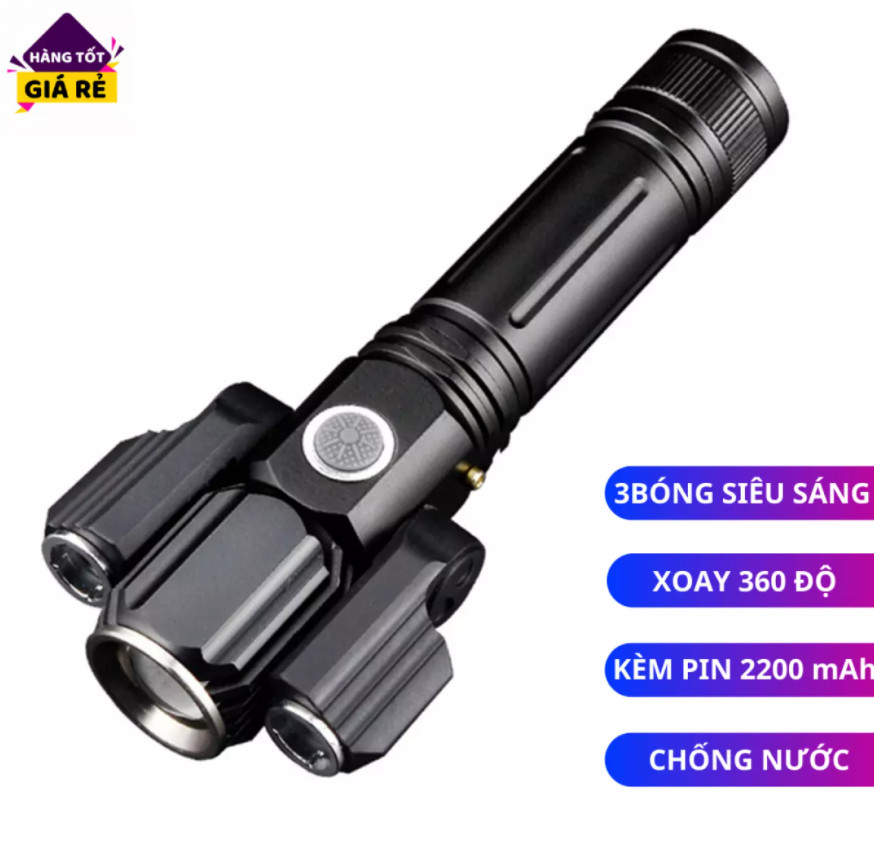 Đèn pin cầm tay siêu sáng 3 bóng - xoay 360 đèn pin cầm tay 3 pha 3 bóng led làm bằng hợp kim chống nước khi đi dưới trời mưa - 3 mắt xoay 360 độ đèn pin 3 bóng siêu sáng