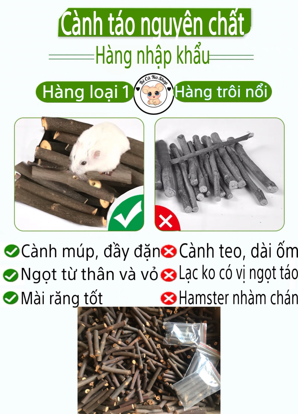 Cành táo mài răng nguyên chất ,thức ăn mài răng cho hamster , thỏ bọ sóc... (5 cây i hình ) bé cà na
