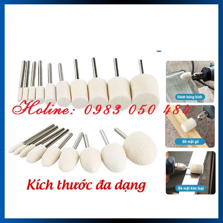 Đầu len đánh bóng trục 3mm gắn máy đánh bóng kim loại, trang sức, viền điện thoại, gỗ hình trụ, hình nón