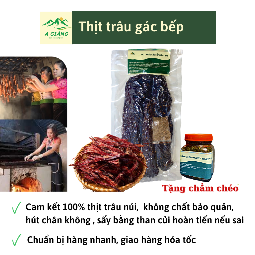 Thịt trâu gác bếp Tây Bắc - Thịt trâu gác bếp Hà Giang chuẩn vị Tây bắc tặng chẳm chéo gói hút chân không 500gr