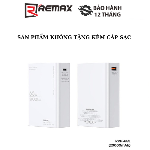 Pin dự phòng sạc laptop remax rpp-653 20000mah max 65w 1 cổng usb 1 cổng type c
