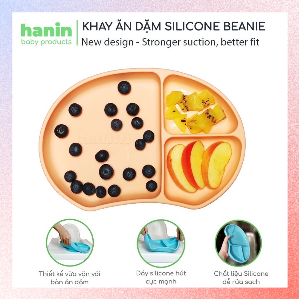 Khay ăn dặm silicon hanin baby cao cấp 3 ngăn, có đế hút bám dính