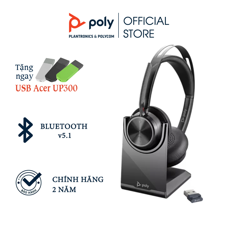 Tai nghe không dây poly voyager focus 2 uc with charge stand bluetooth/usb-a/c chính hãng - bảo hành 2 năm