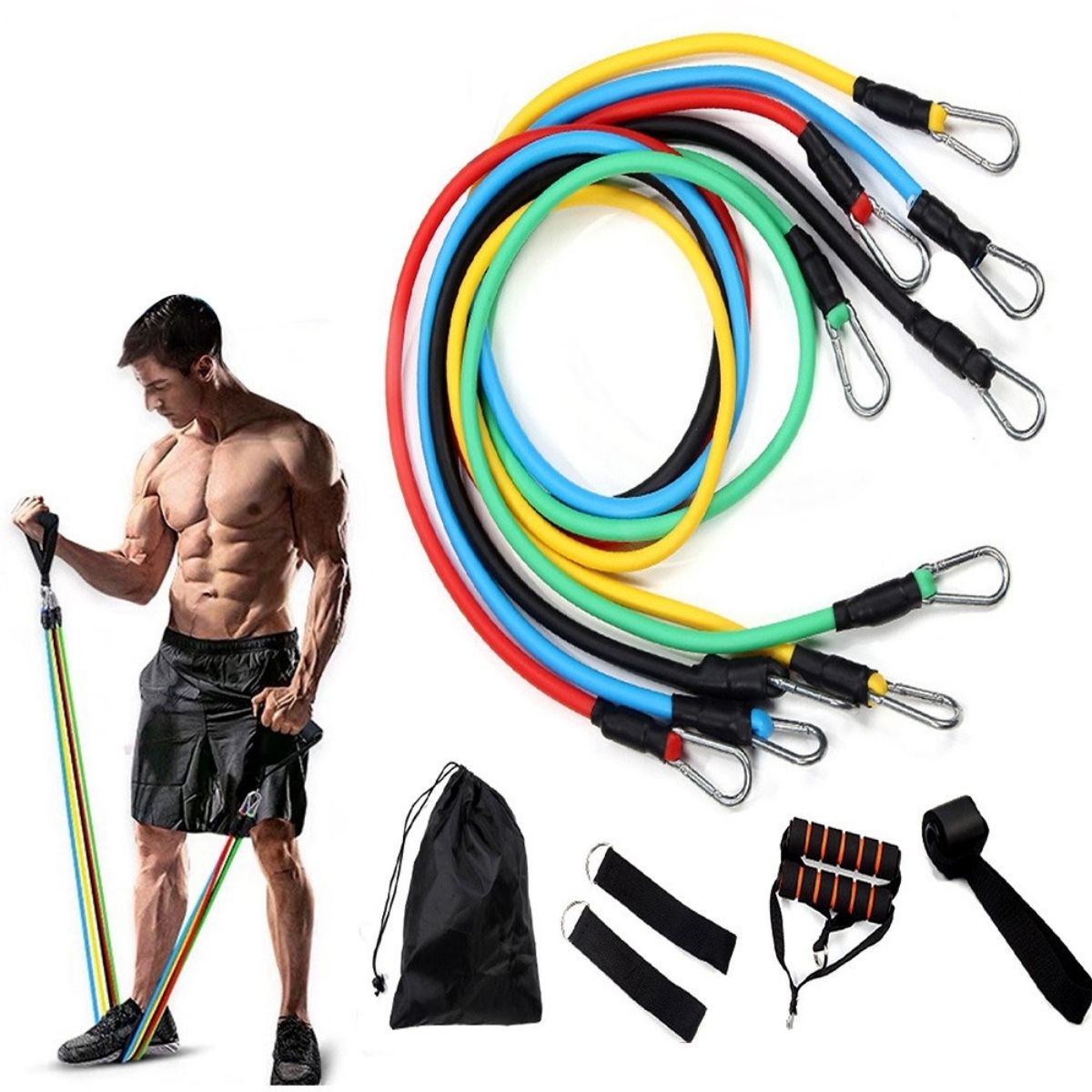 Dây cao su đàn hổi kháng lực 11 món tập full body, Bộ 5 dây ngũ sắc tập gym thể hình tại nhà lực kéo 50Kg