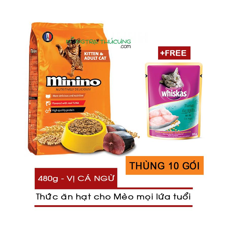 Thức ăn hạt cho Mèo mọi lứa tuổi Minino gói 480g - Vị Cá Ngừ