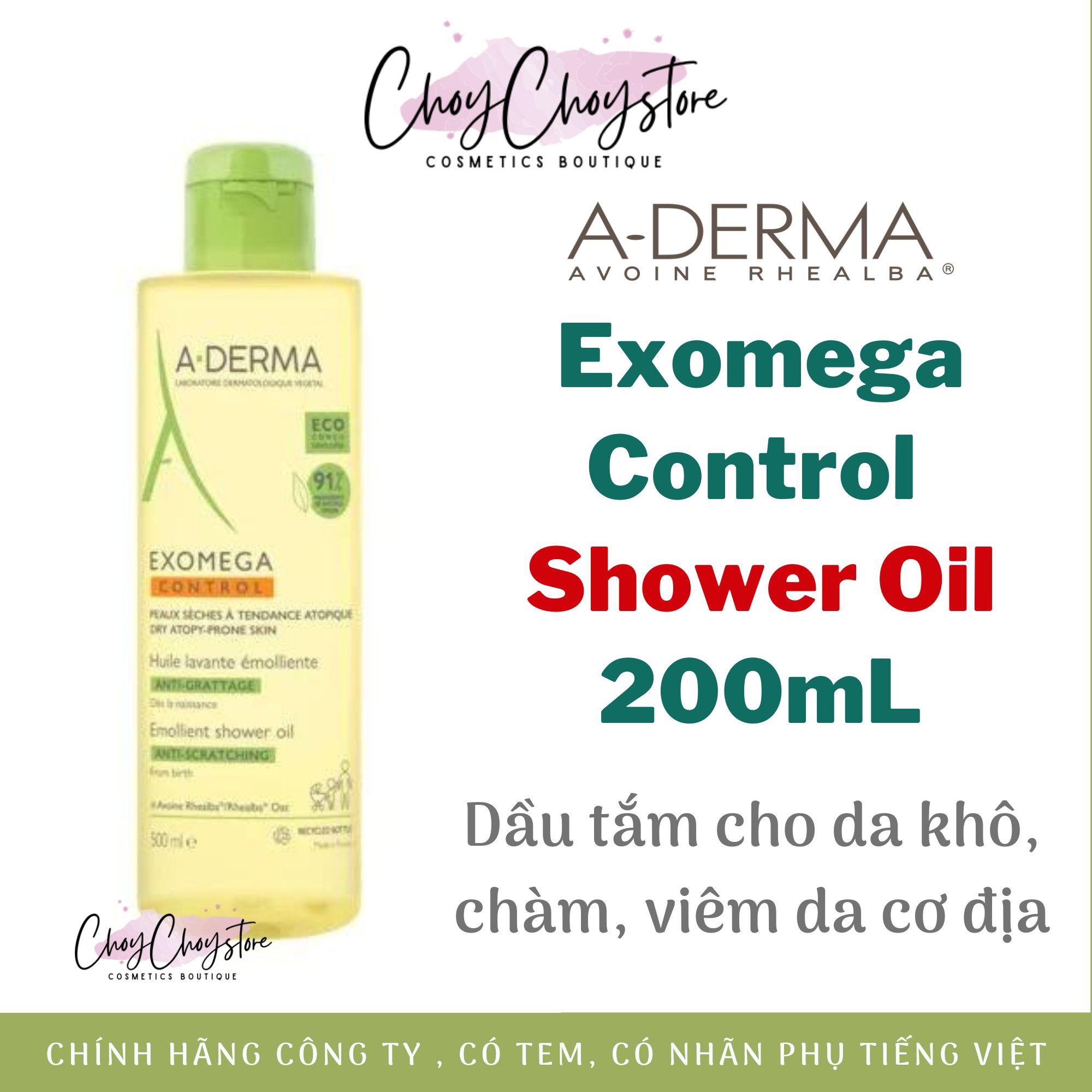 Dầu Tắm Aderma Exomega Shower Oil 200mL Dầu  A-Derma Làm Sạch Cho Da Chàm, Da Khô, Viêm Da Cơ Địa (Tem DKSH)