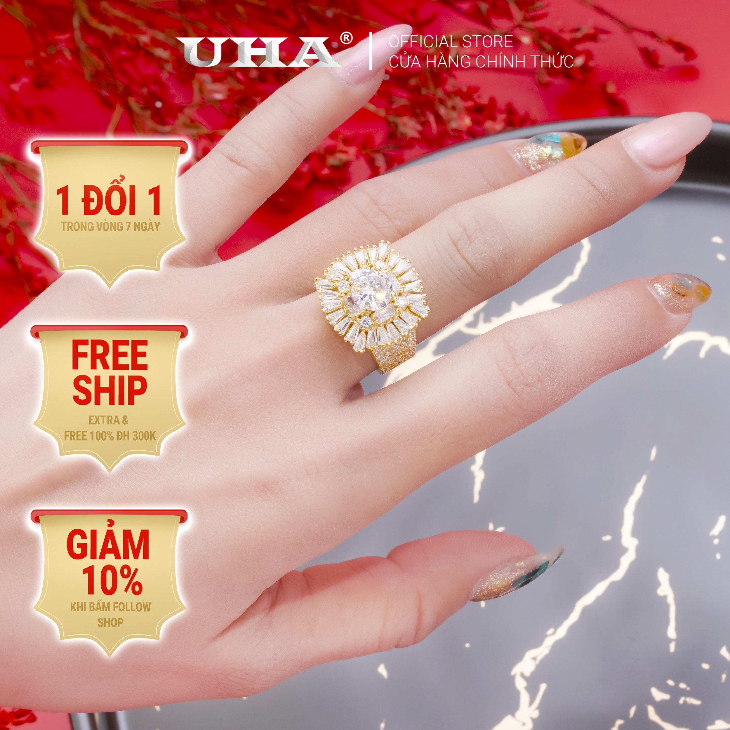 N376153-145 nhẫn nữ uha mạ vàng 18k bền màu - đính đá cz cao cấp - thiết kế đơn giản thanh lịch