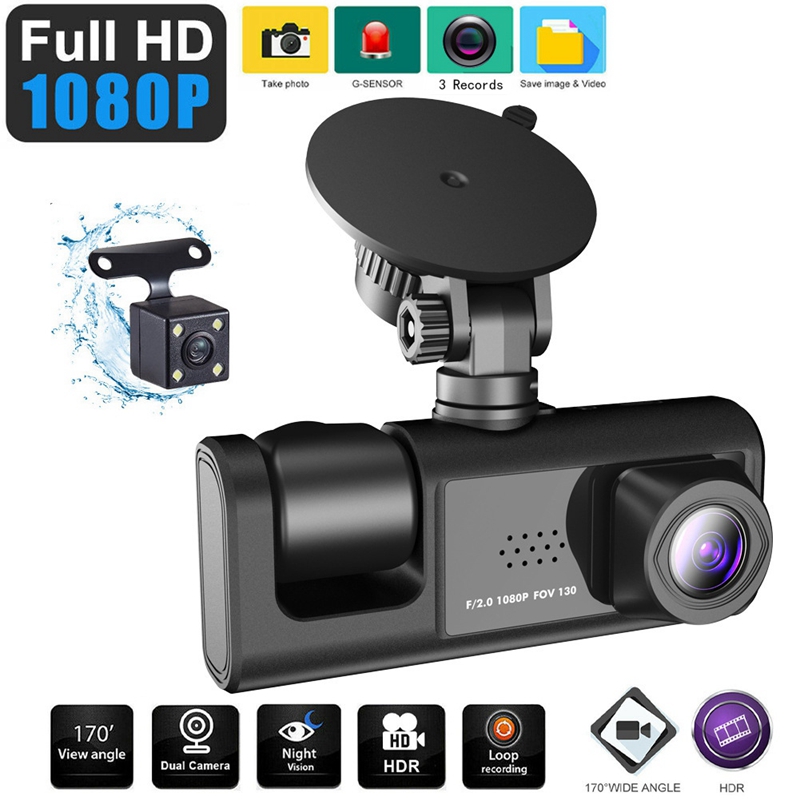 3 Camera Lens Front and Rear Inside Dashcam HD 1080P Video Recorder Night