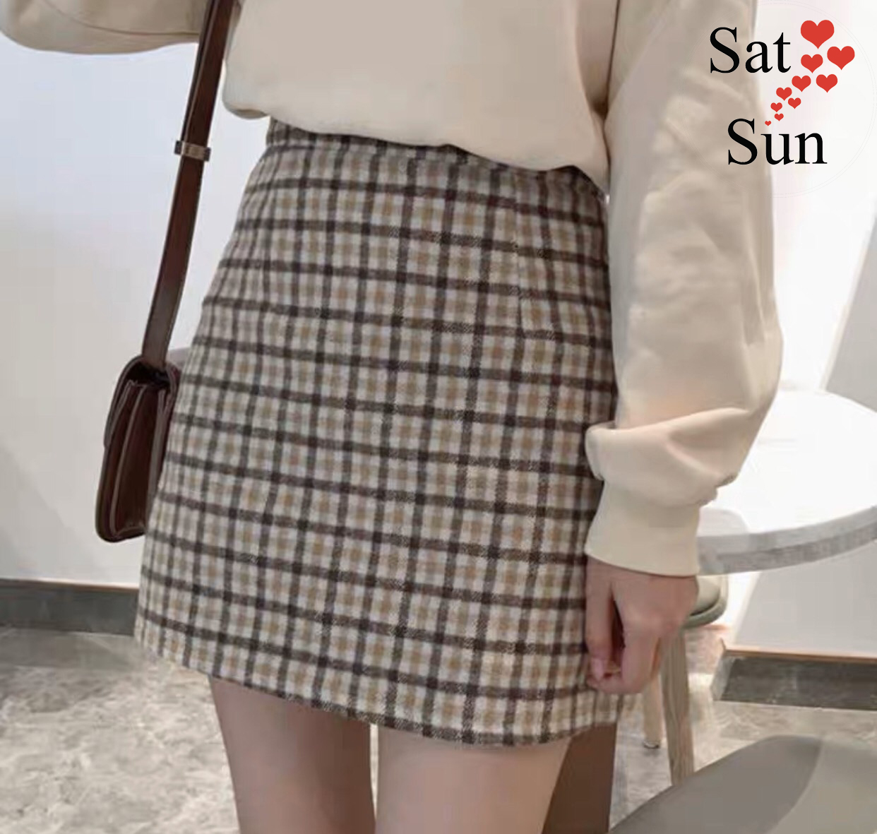 Chân váy len dạ dáng chữ A kẻ sọ thời trang SatSun