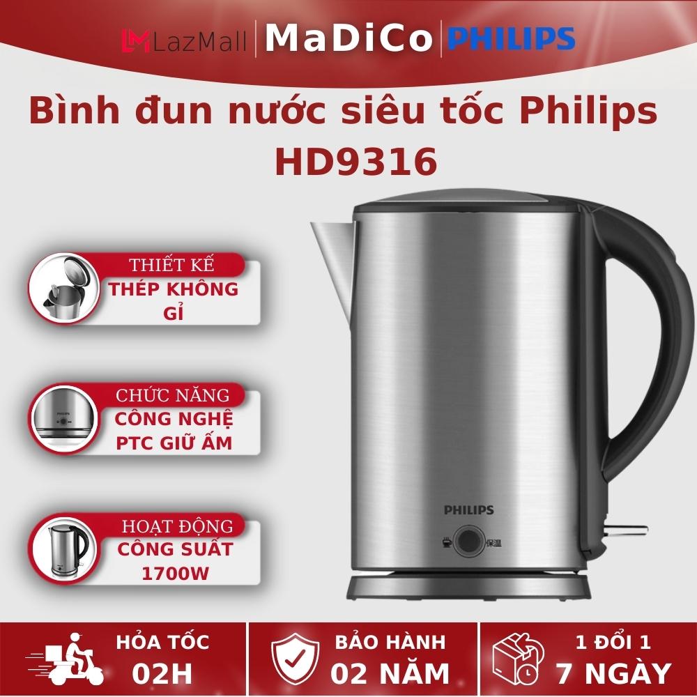 Bình đun nước siêu tốc, ấm đun siêu tốc philips hd9316 công suất 1800w chất liệu inox 304 không gỉ - bh 24 tháng - madico