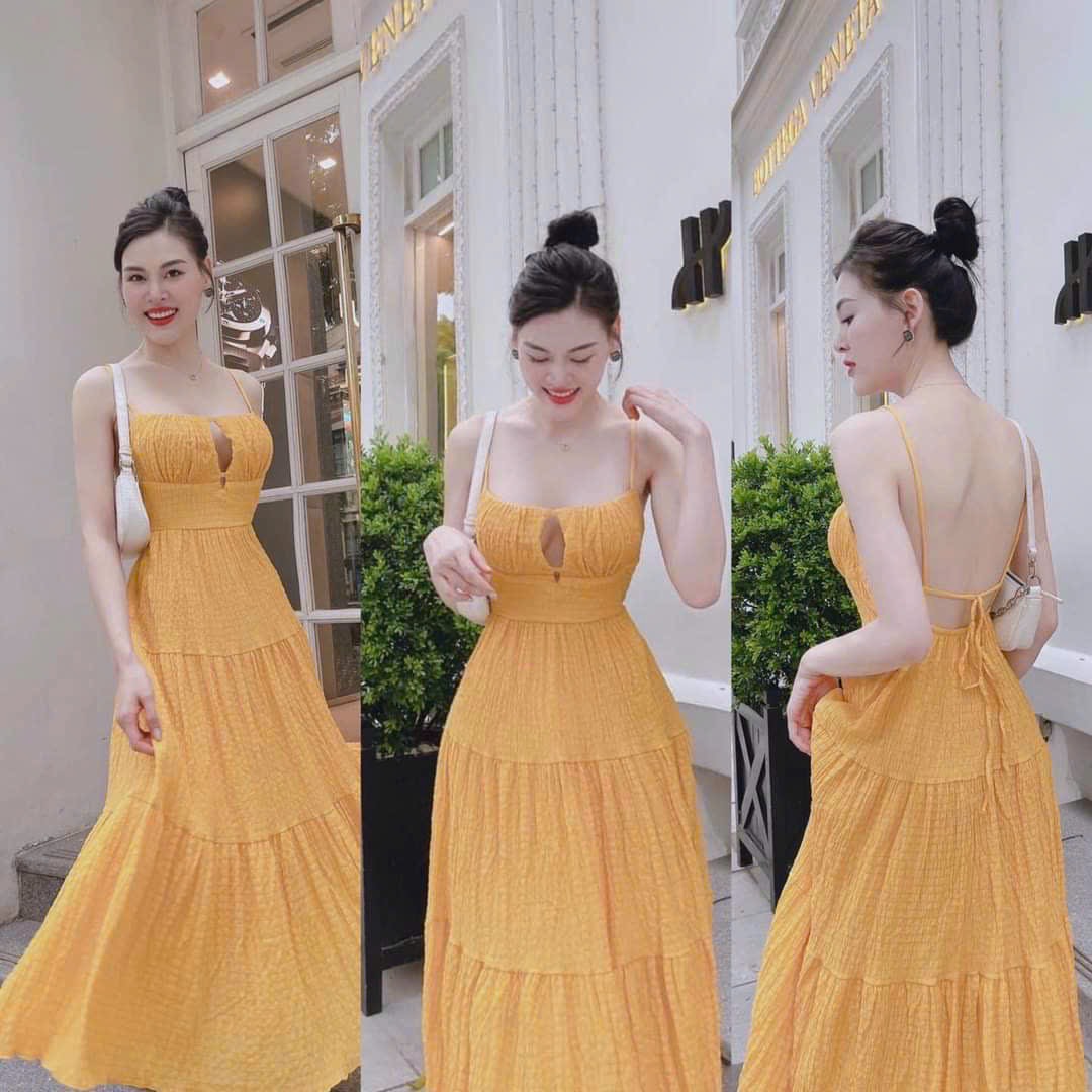 Váy đầm nữ maxi hai dây nhún tầng hở lưng cột dây quyến rũ