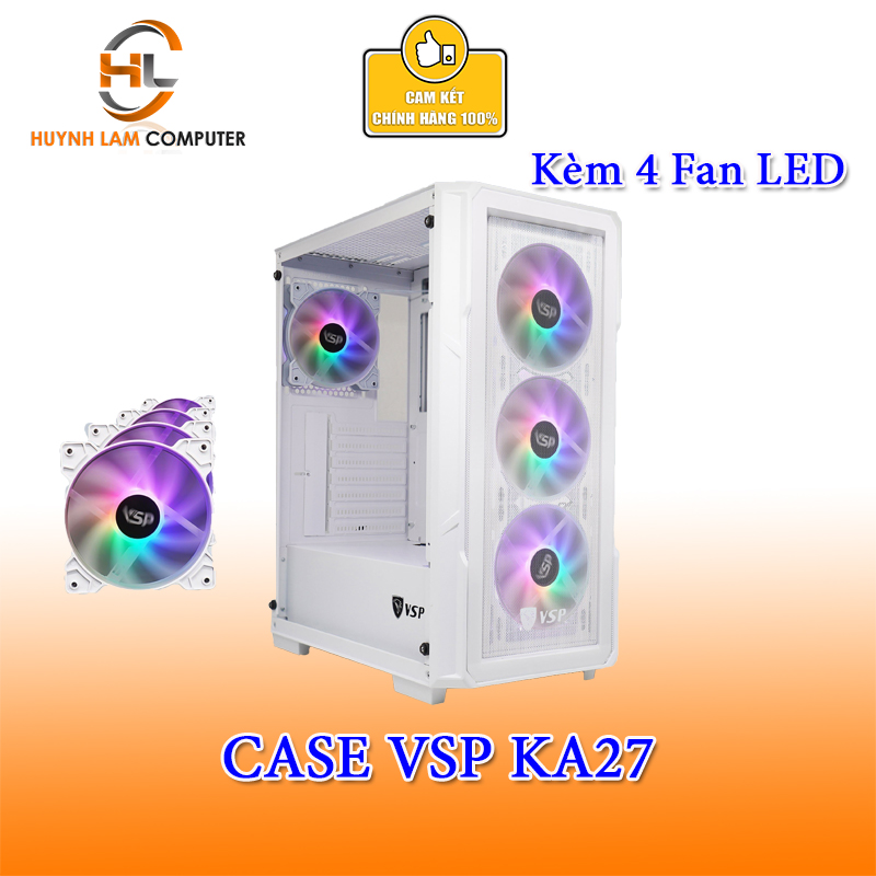 Vỏ máy tính Case VSP KA27 TRẮNG sẵn 4 Fan LED Gaming 2 mặt kính cường lực