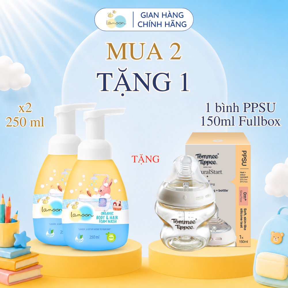 [MUA 2 TẶNG 1] Bình Sữa Tắm Gội Organic Dạng Bọt Lamoon 250ml TẶNG 1 Bình Sữa PPSU Ty Siêu Mềm Tommee Tippee 150ml
