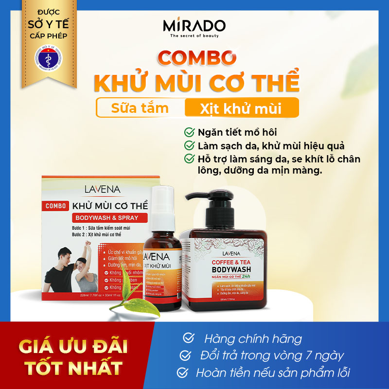 Combo xịt khử mùi 30ml + sữa tắm khử mùi lavena 220ml, giảm tiết mồ hôi và khử mùi hiệu quả