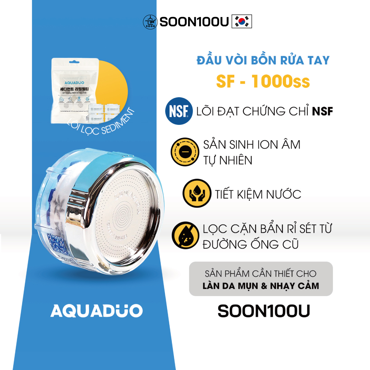SF-1000SS Đầu vòi bồn rửa tay (tăng áp, lọc nước), 4 Thanh lọc nước AQUADUO SOON100U