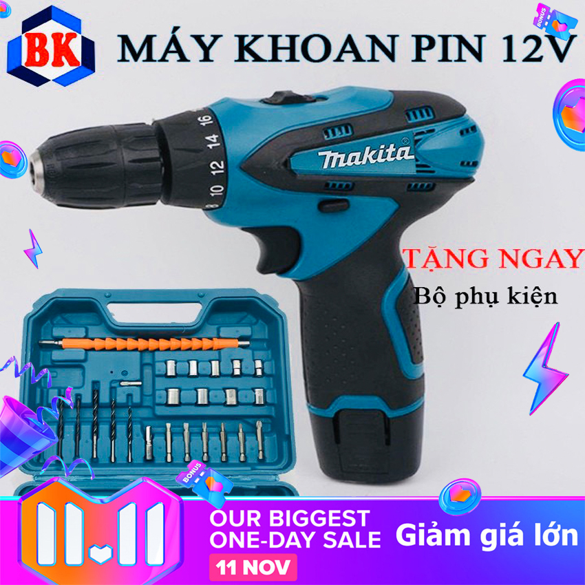 Khoan pin makita 12v , 2 pin , khoan không dây không chổi than, cờ lê tác động 520nm 18v 1/2"