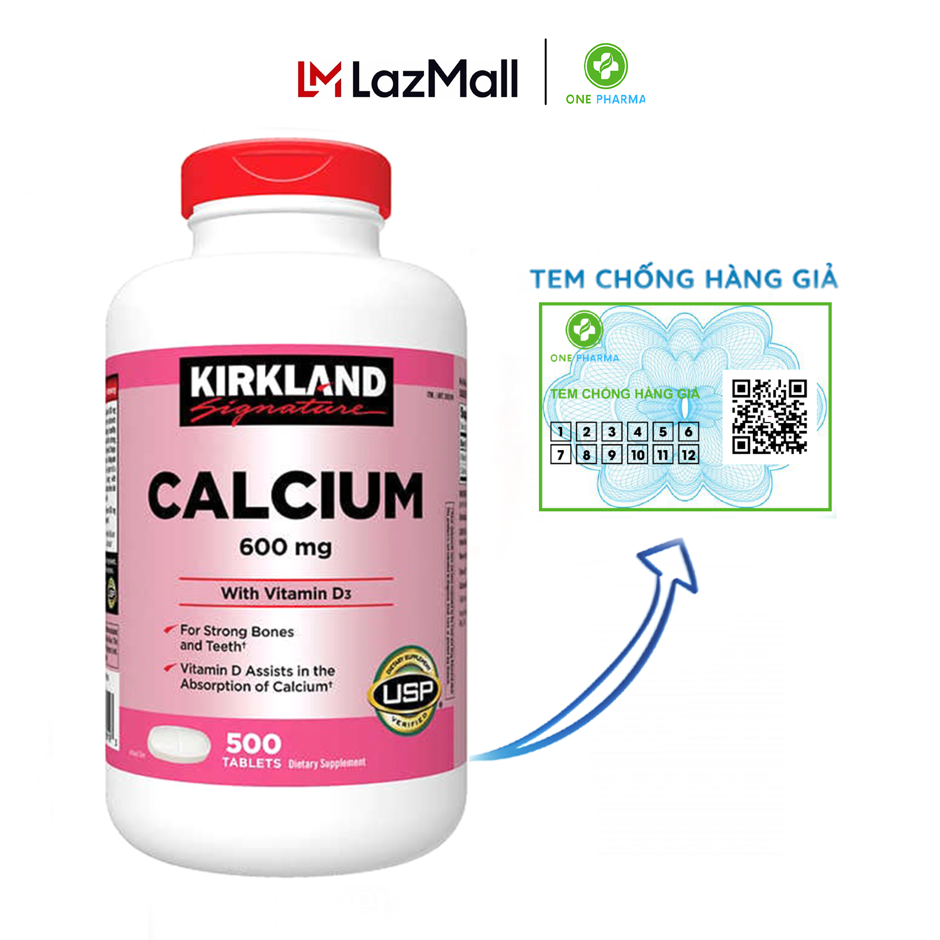 Viên uống Canxi Kirkland Calcium 600mg + D3 hộp 500 viên của Mỹ