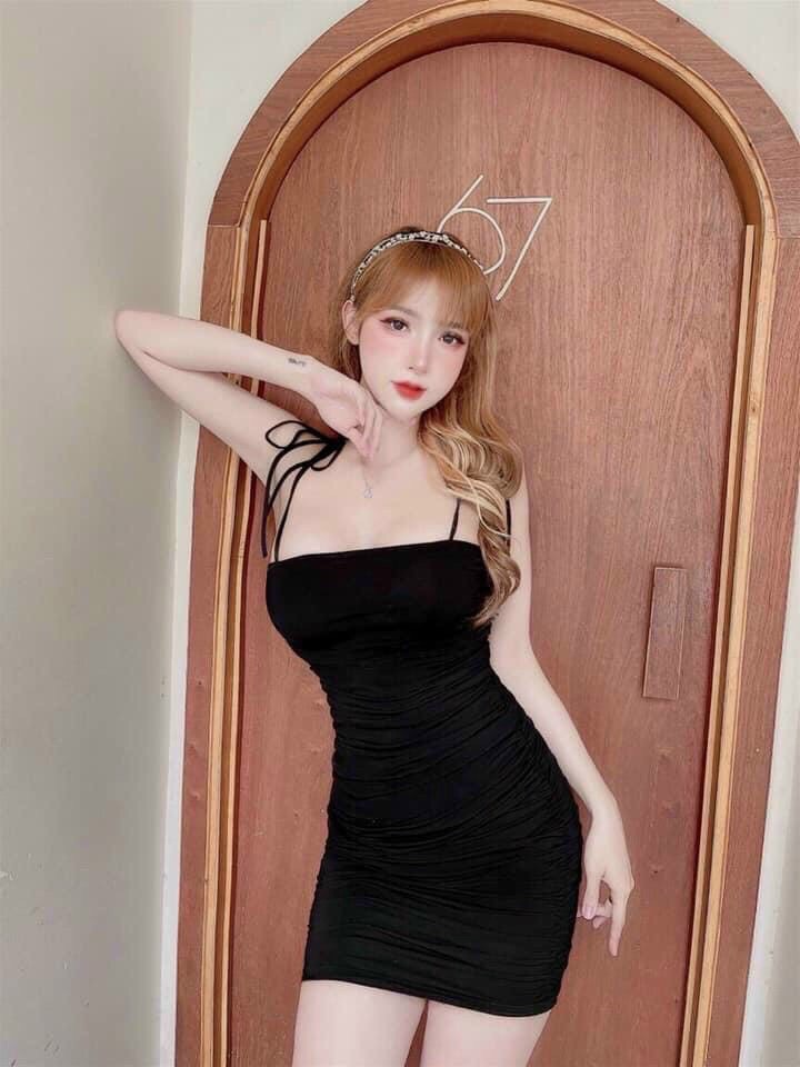 Đầm hai dây cột nơ vai body ôm sát chất thun co giãn nhún thân sexy