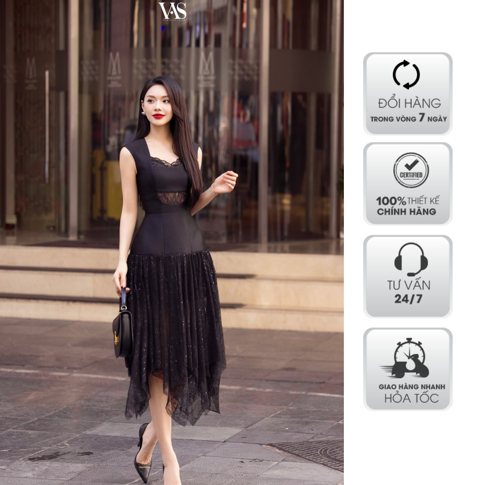 Đầm nữ vananhscarlet chiết eo đuôi ren v002f23