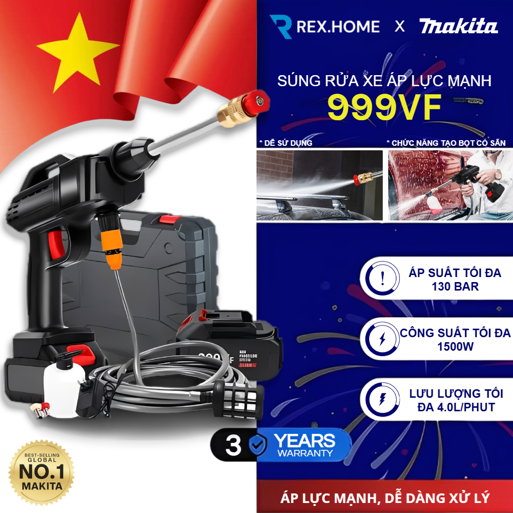  Máy rửa xe makita 999VF - Máy xịt rửa sân vườn áp cao với bọt tạo tuyết & bình tạo bọt 