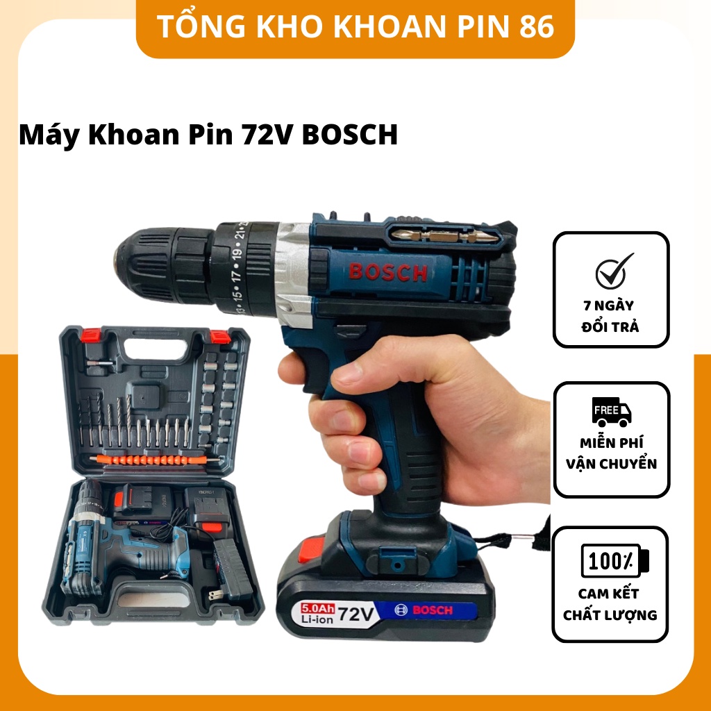 Máy khoan pin Bosch 72v, tặng bộ phụ kiện 24 chi tiết, Khoan Ba Chức Năng Bosch 72v có búa