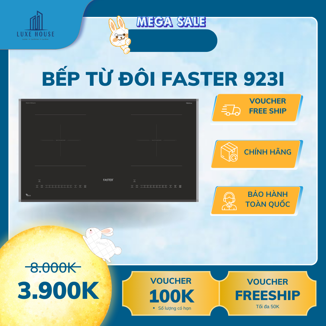Bếp từ đôi Faster 923i Chế độ sôi liu riu Bếp từ nhập khẩu Malaysia Bảo hành chính hãng 3 năm