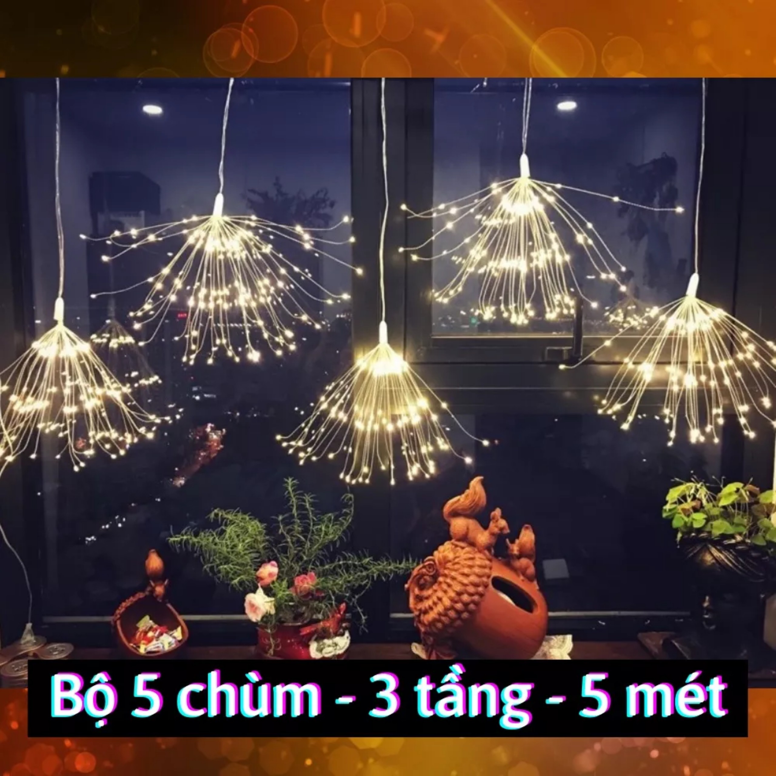 Bộ dây 3m gồm 5 chùm pháo 3 tầng hoa firework 500 bóng led dùng để trang trí ngoài trời chống nước tuyệt đối, Sân Vườn, đèn trang trí tết 2023, đèn pháo hoa ngoài trời, đèn nháy pháo hoa, decor tết