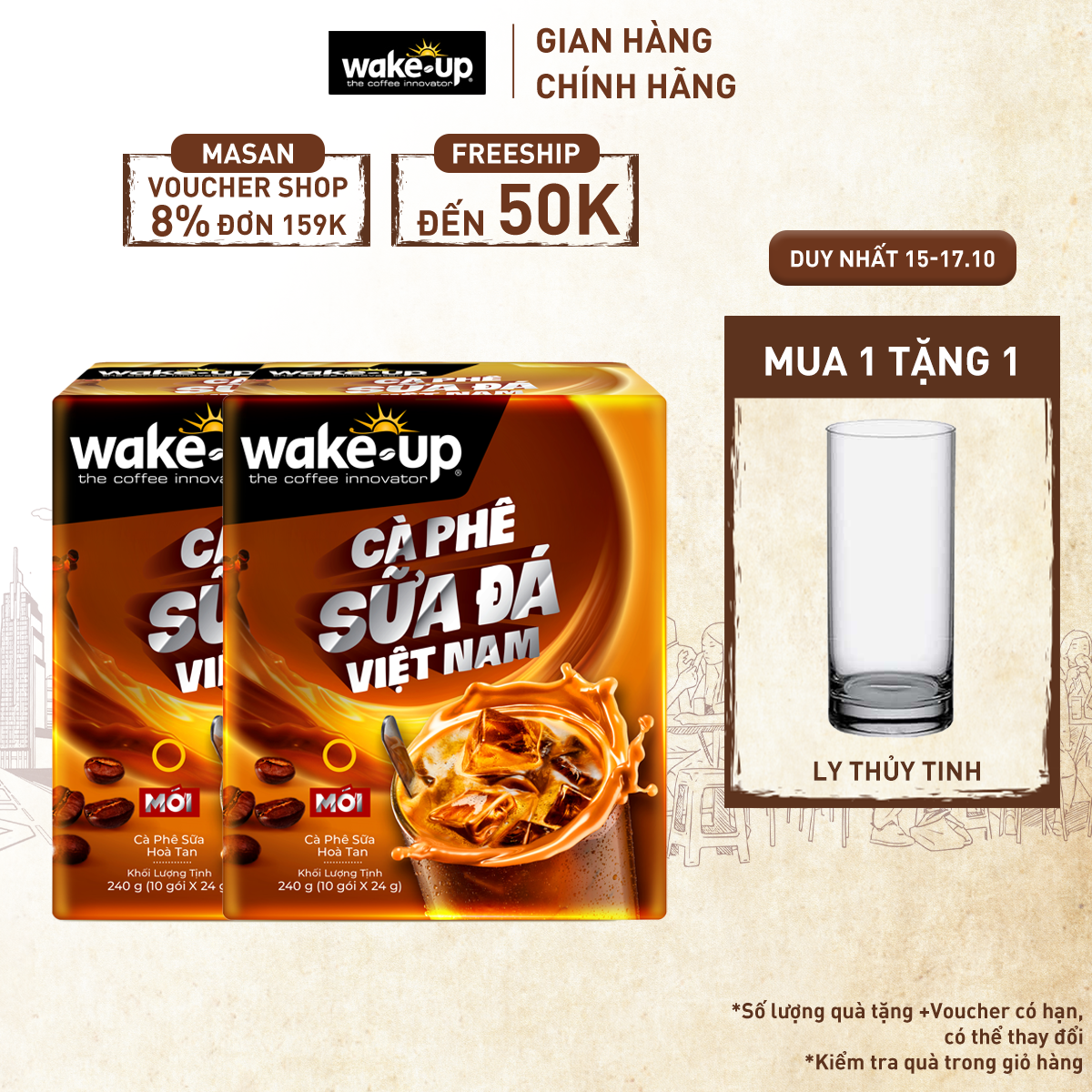 Combo 2 Cà phê hòa tan Wake Up Sữa Đá Việt Nam - Hộp 10 gói x 24g