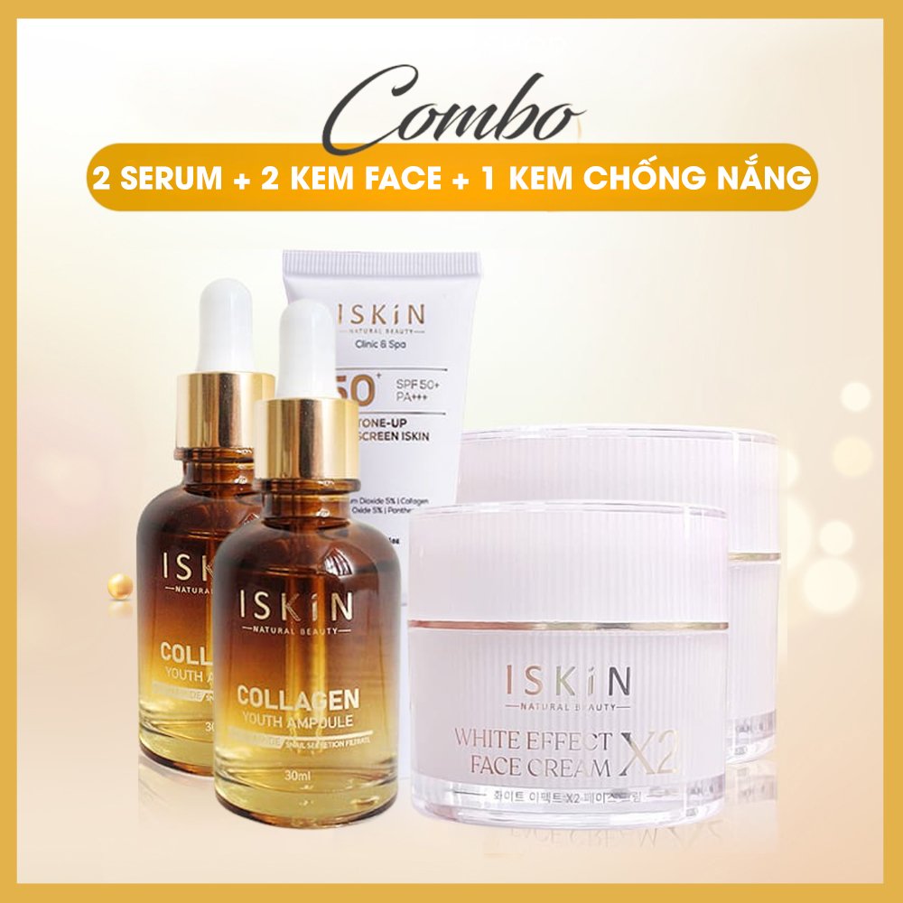 Combo 2 serum dưỡng trắng iskin + 2 kem dưỡng trắng x2 iskin + 1 kem chống nắng iskin