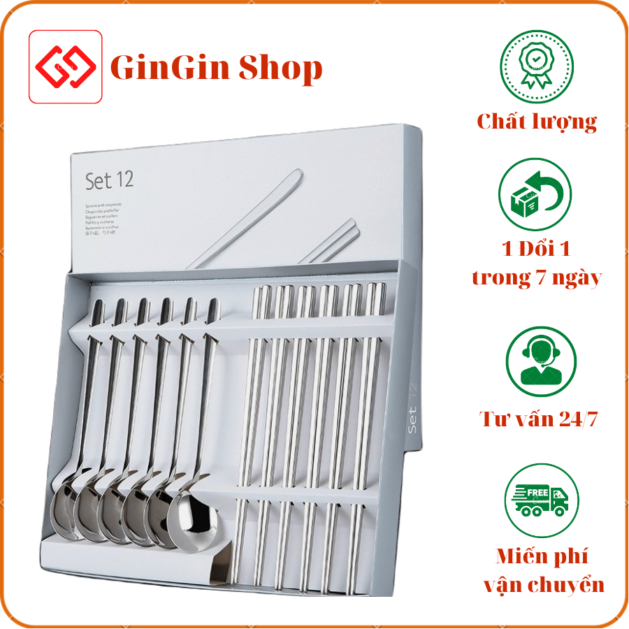 Bộ 12 muỗng đũa inox, hiệu WMF, thìa đũa inox 304 hàng xuất khẩu