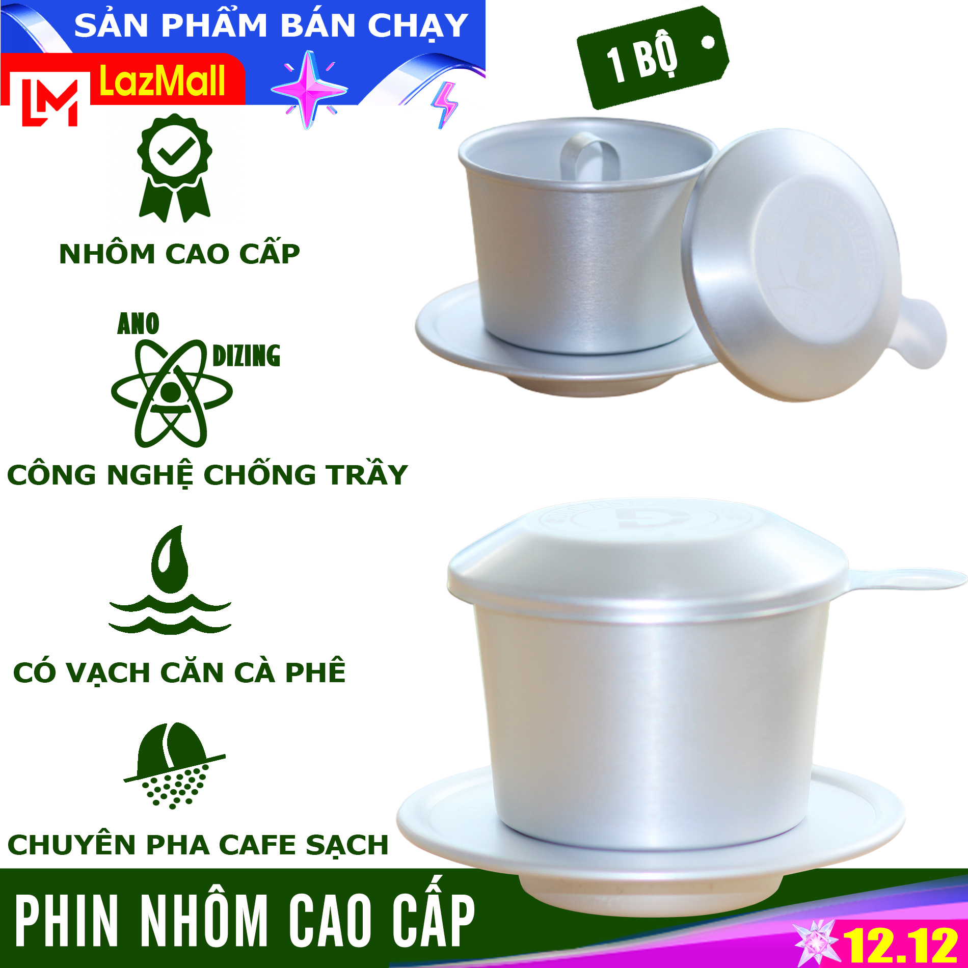 BỘ Phin nhôm cao cấp pha cà phê rang mộc nguyên chất, phin có vạch đong - công nghệ xi Anodizing chống trầy