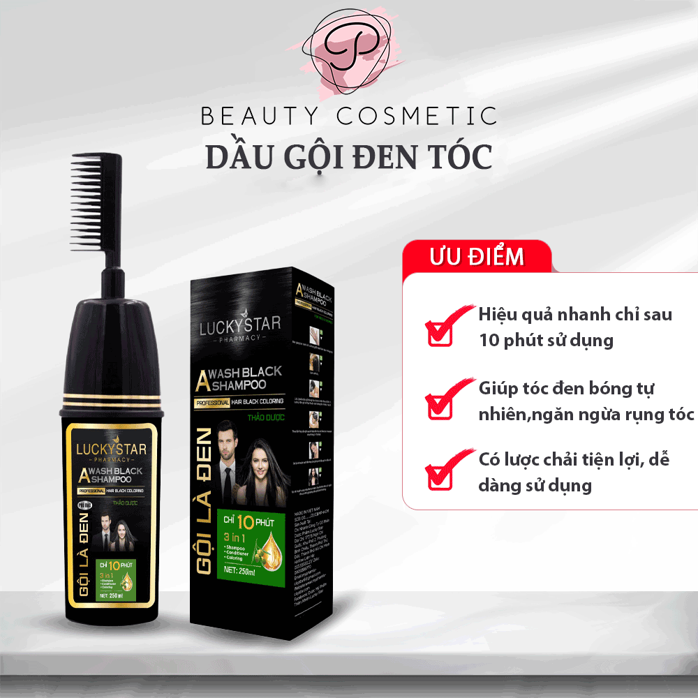 Gội đen tóc thảo dược lucky star chăm sóc da đầu, mượt tóc - chai 250ml, gói 25ml