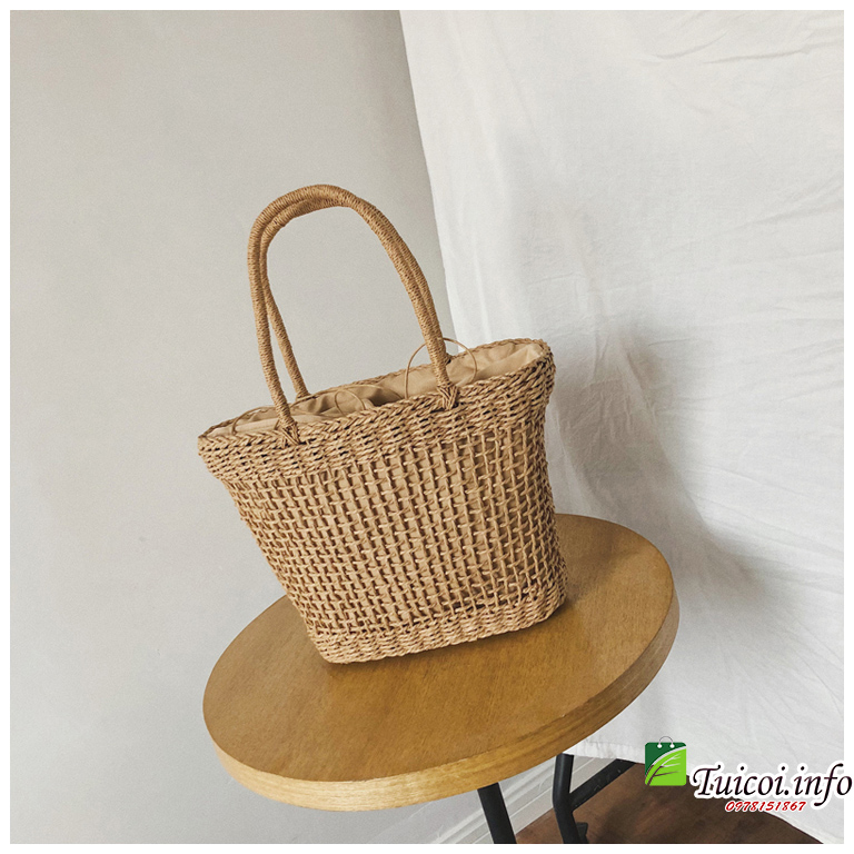 Túi cói đan ô vintage form cứng cáp