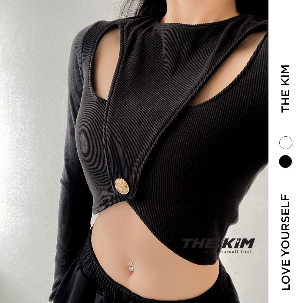 TheKim A171 Áo len croptop dài tay khoét ngực , áo thun tăm gân tay dài