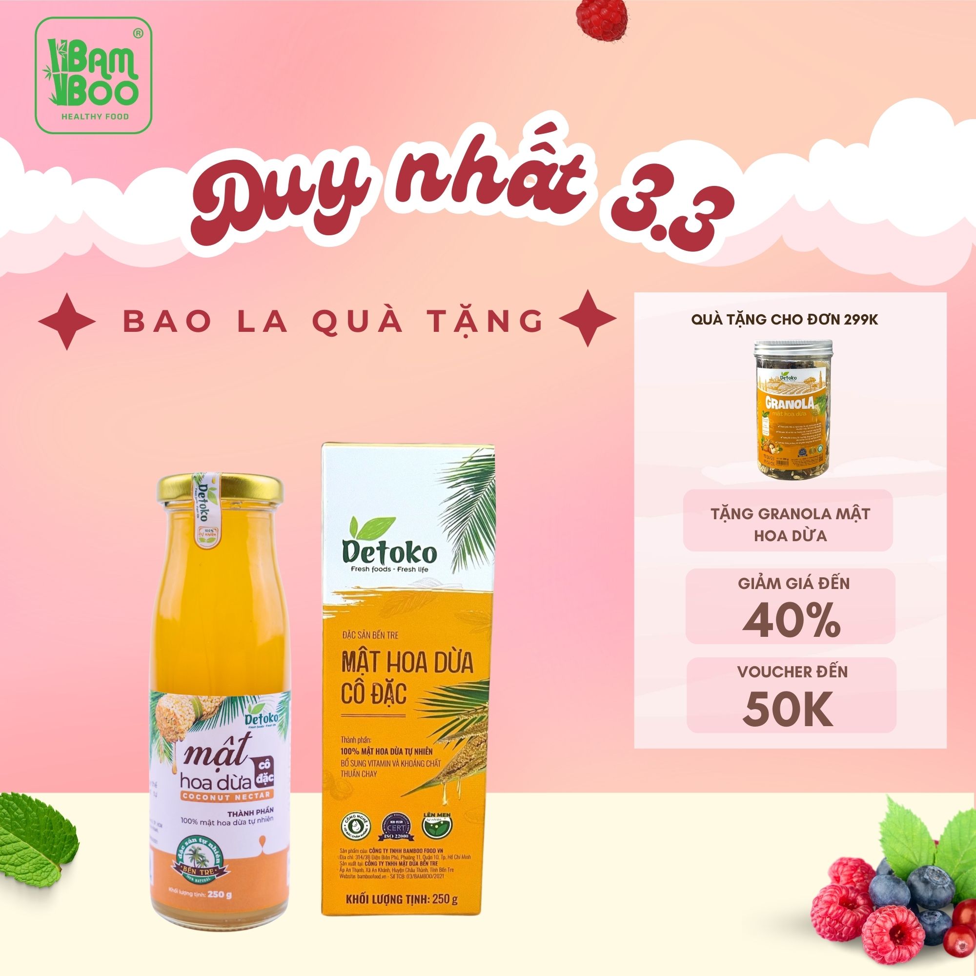 Mật hoa dừa bamboo nguyên chất, 100% từ thiên nhiên 250g