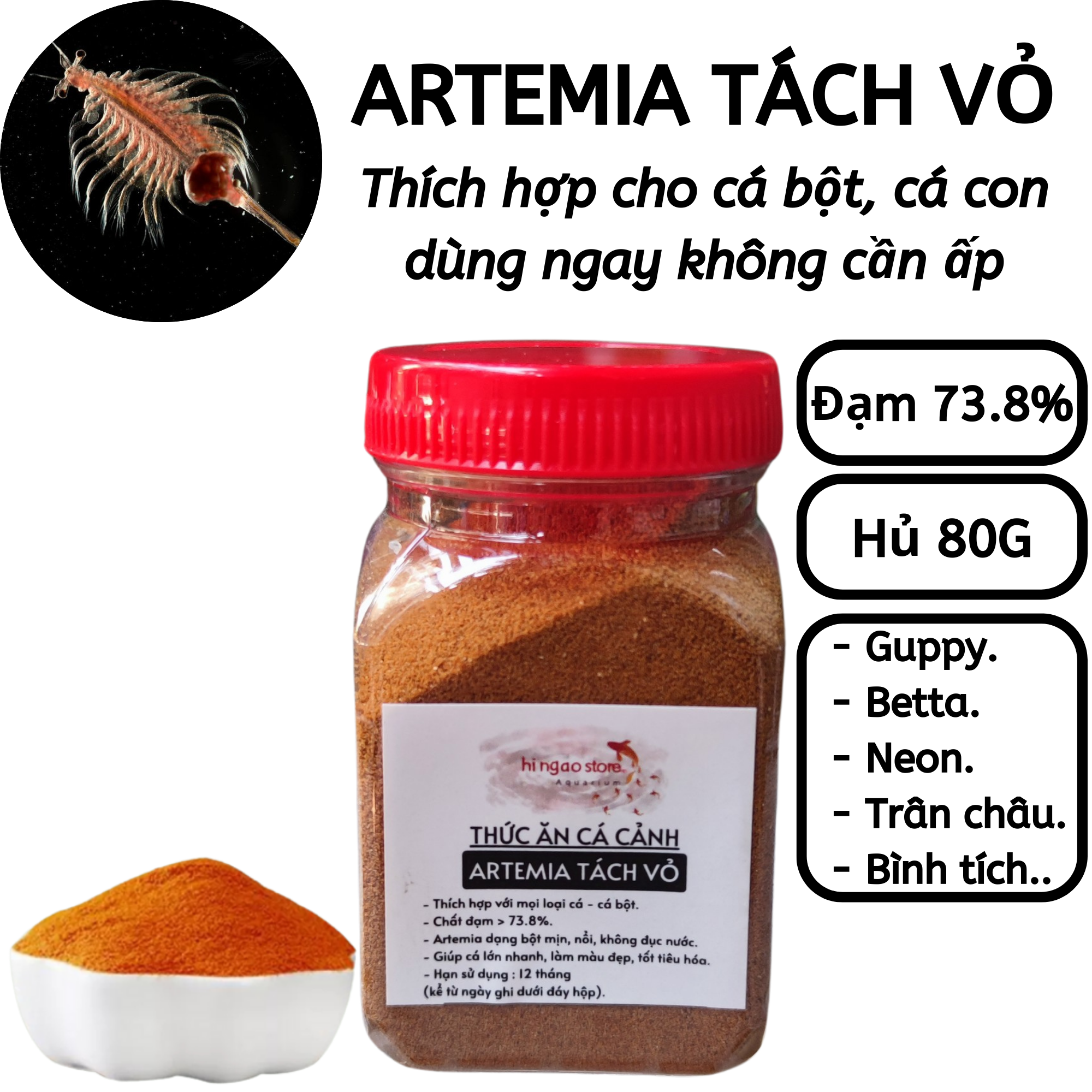 Hủ 80G Artemia Tách Vỏ (dùng ngay không cần ấp) thức ăn cho Guppy, Betta, Neon, Mún | Hingaostore.