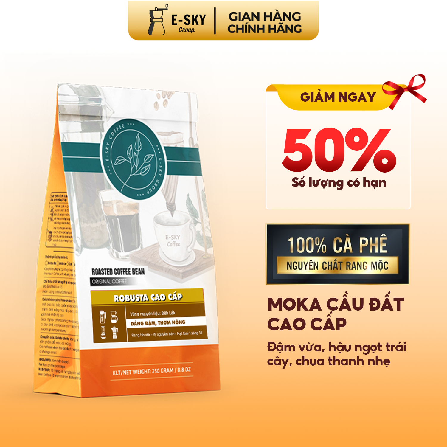 Cà phê rang xay nguyên chất robusta e-sky coffee cafe pha phin pha máy cold brew 250g-500g